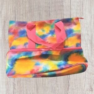 Tie Dye Rainbow Insulated‎ Tote Bag Zip Top Cooler Pink Handles Beach Travel Bag